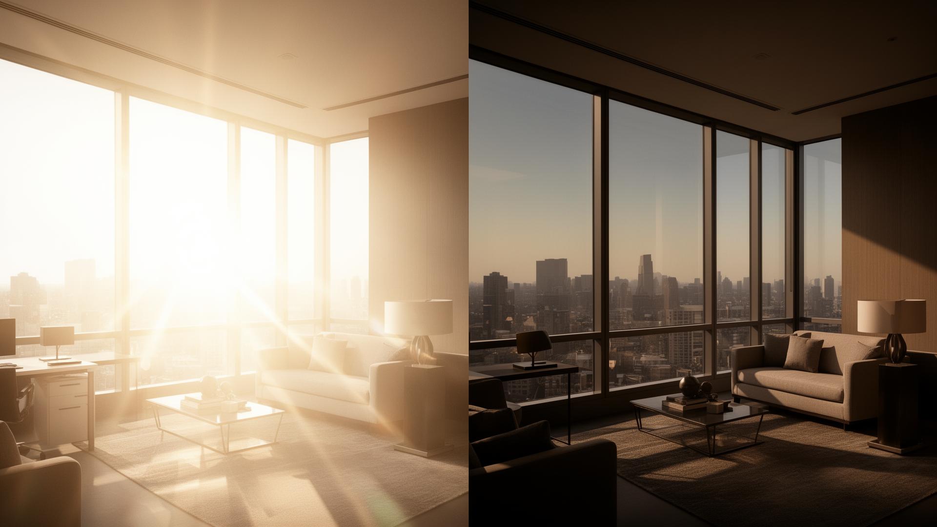 Side-by-side comparison of a commercial interior with and without solar window film