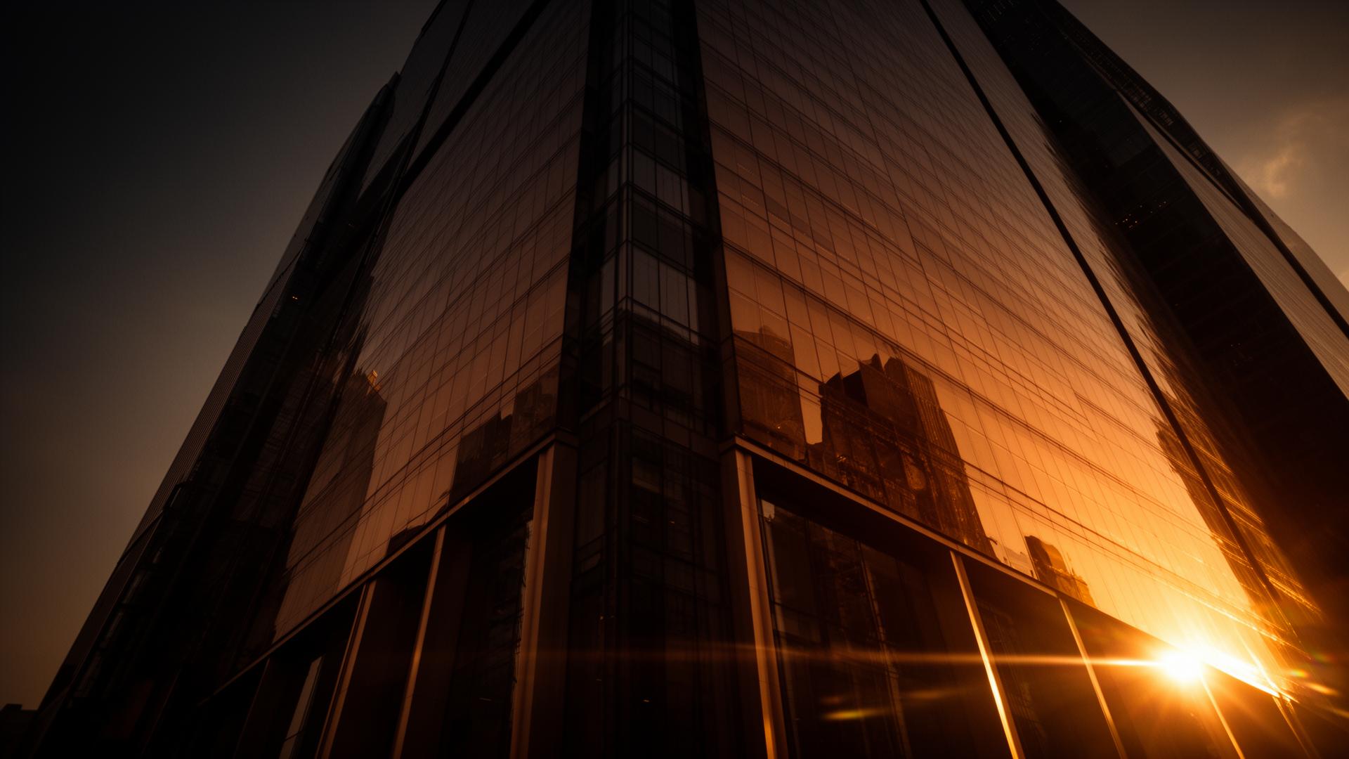 Modern commercial skyscraper with reflective solar window film at golden hour
